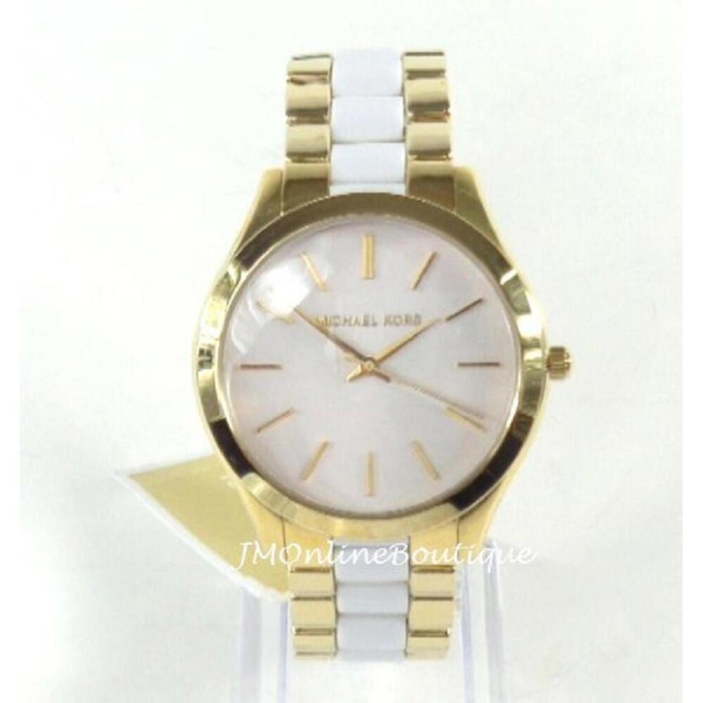 Michael Kors Women’s Slim Runway White Acetate Gold Tone Watch MK4295